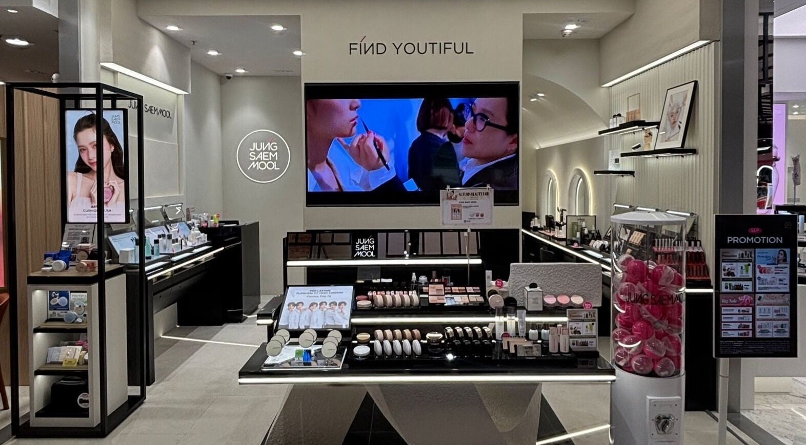 Elegant interior of JungSaemMool beauty (SOGO Kai Tak) in Kowloon, Hong Kong Island, HK showcasing beauty products.