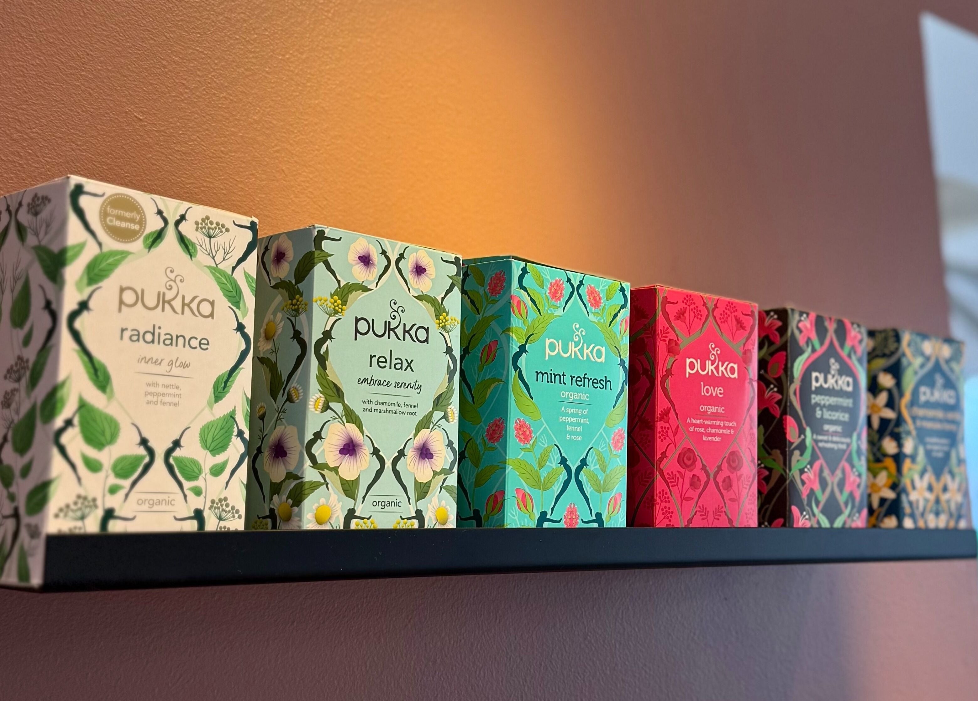 Colorful Pukka tea boxes on display at Salong Rót in Tórshavn, Streymoyar, FO.