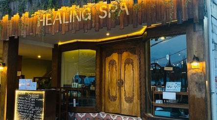 Entry of La Bella Healing Spa adorned with warm lights, located in Nusa Tenggara Barat, ID.