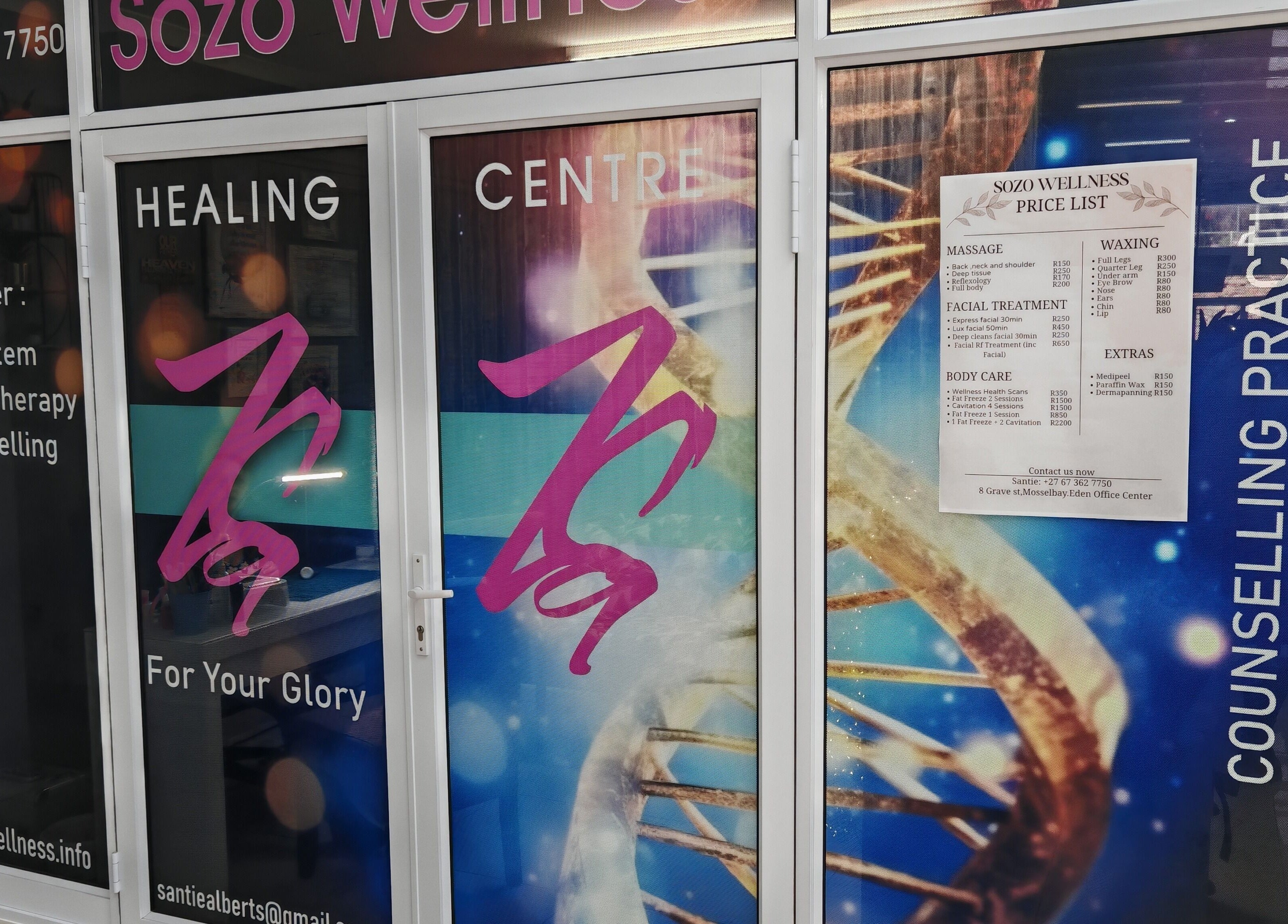 Front view of Sozo Wellness in Mossel Bay, Western Cape, ZA, showcasing services offered like EESystem and iTera Therapy.