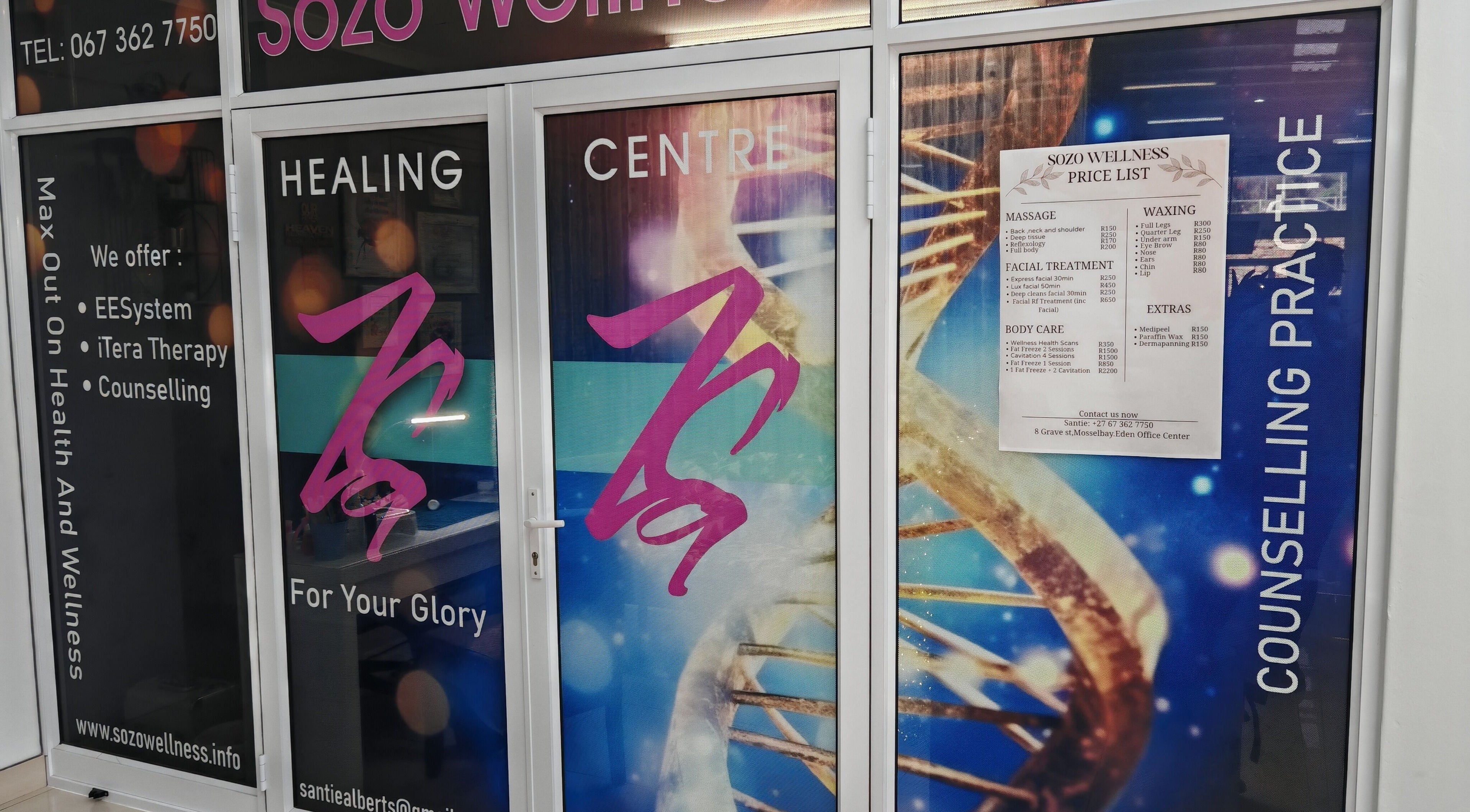 Front view of Sozo Wellness in Mossel Bay, Western Cape, ZA, showcasing services offered like EESystem and iTera Therapy.