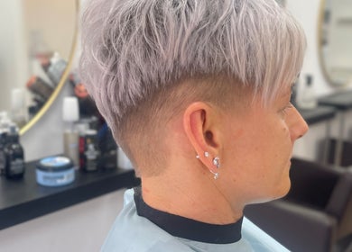 Close-up of modern short haircut at JFM hair, Aberdeen, Scotland, GB.