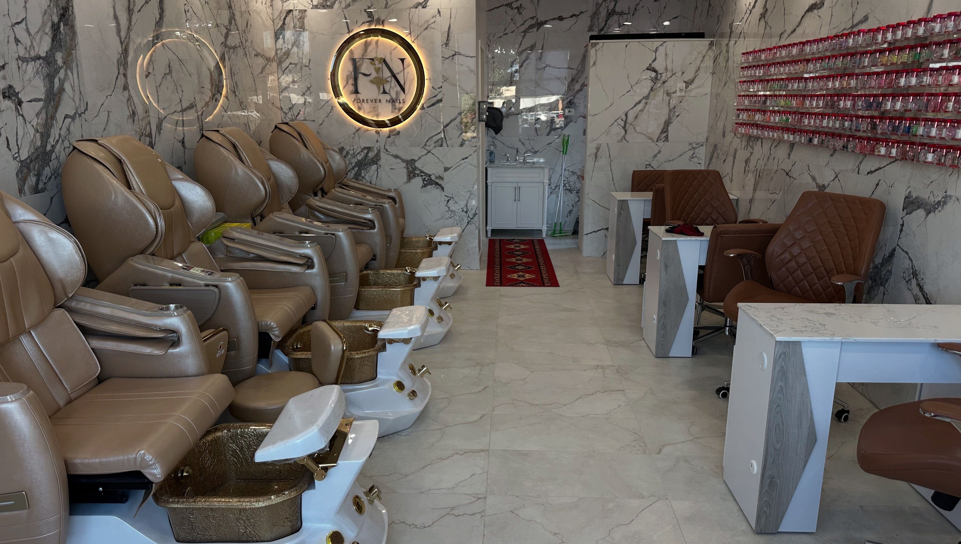 Luxurious pedicure chairs at Forever Nails, Pickerington, Ohio, US invite relaxation and pampering.