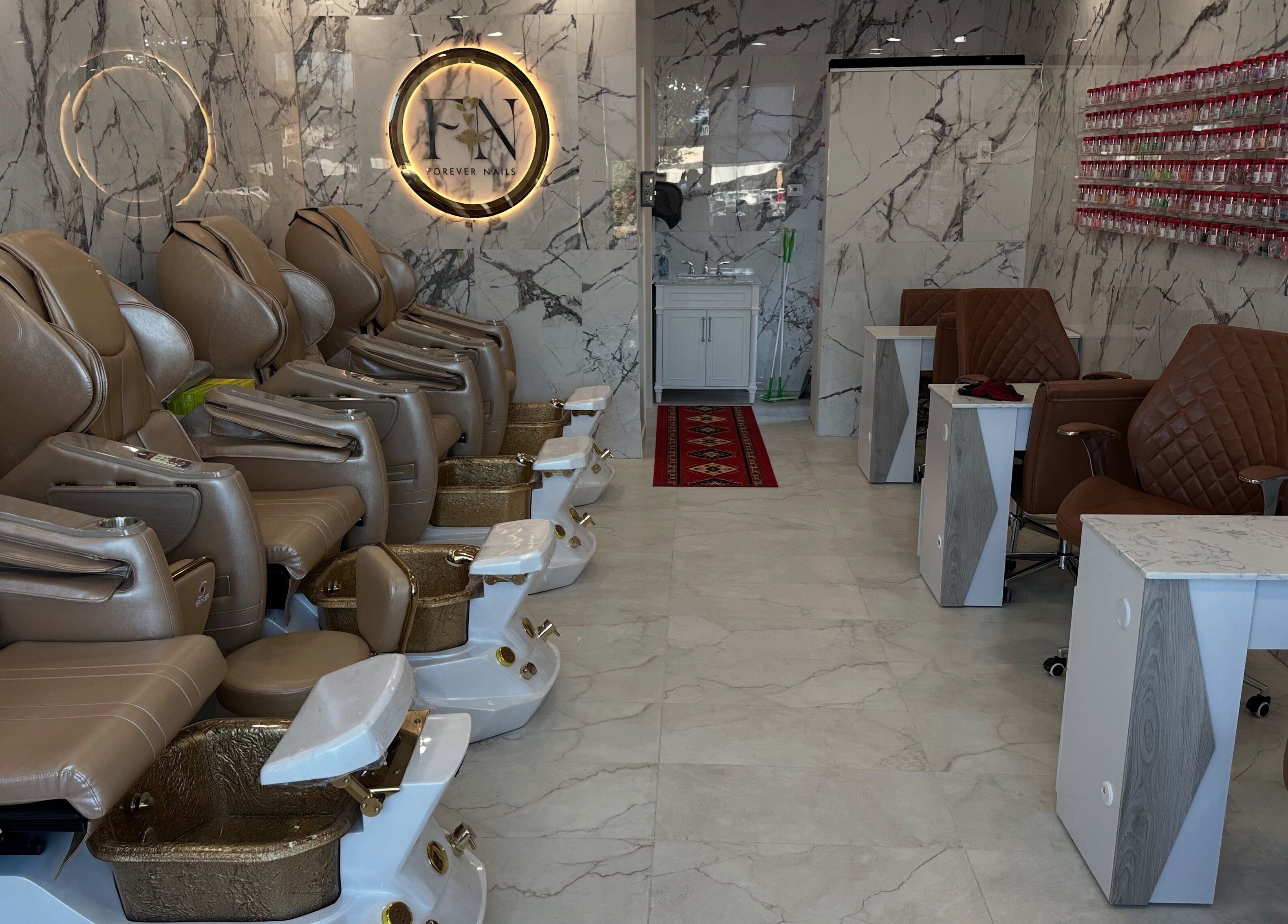 Luxurious pedicure chairs at Forever Nails, Pickerington, Ohio, US invite relaxation and pampering.