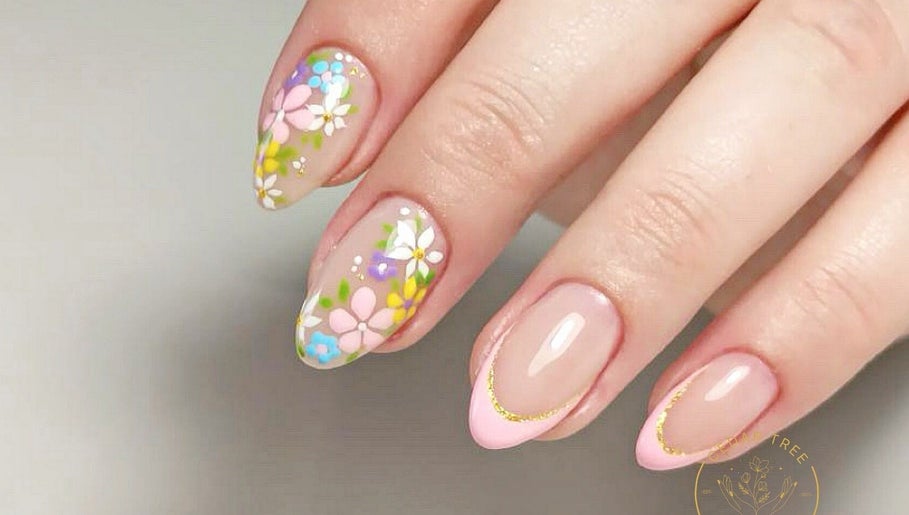 Floral nail art at The Cedar Tree Nails Salon | Portage, Winnipeg, Manitoba, CA, showcasing delicate designs.