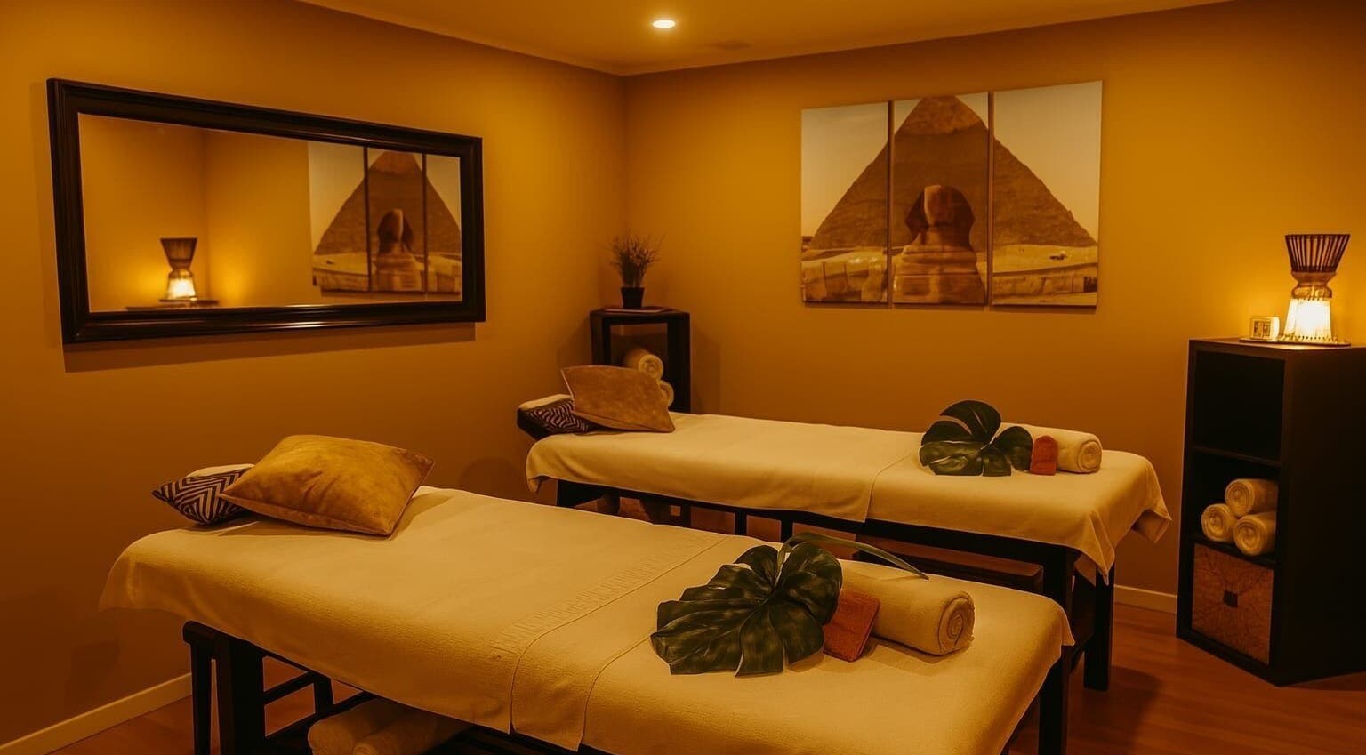 Sala de masaje en Anukis Massage, Barcelona, Cataluña, ES con camas dobles y decoración relajante.