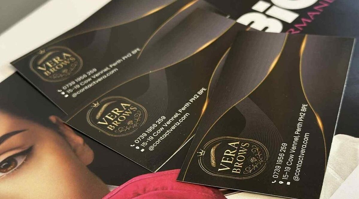 Elegant Vera Brows business cards displayed at 15-19 Cow Vennel, Perth, Scotland, GB.