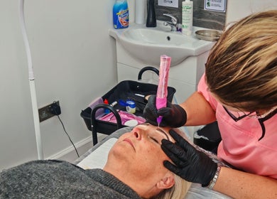 Microblading session at Luxe Ink, Motherwell, Scotland, GB, enhancing client's eyebrow beauty and symmetry.