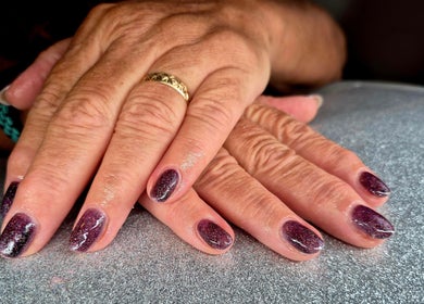 Glittering purple nails at Nailed it! By Rachel in Irchester, England, GB