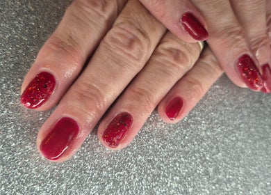 Elegant red glitter manicure from Nailed it! By Rachel in Irchester, England, GB.