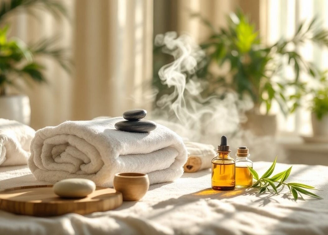 Relaxing spa setup at TL Foot Spa, Austin, Texas, US with oils, towels, and stones.