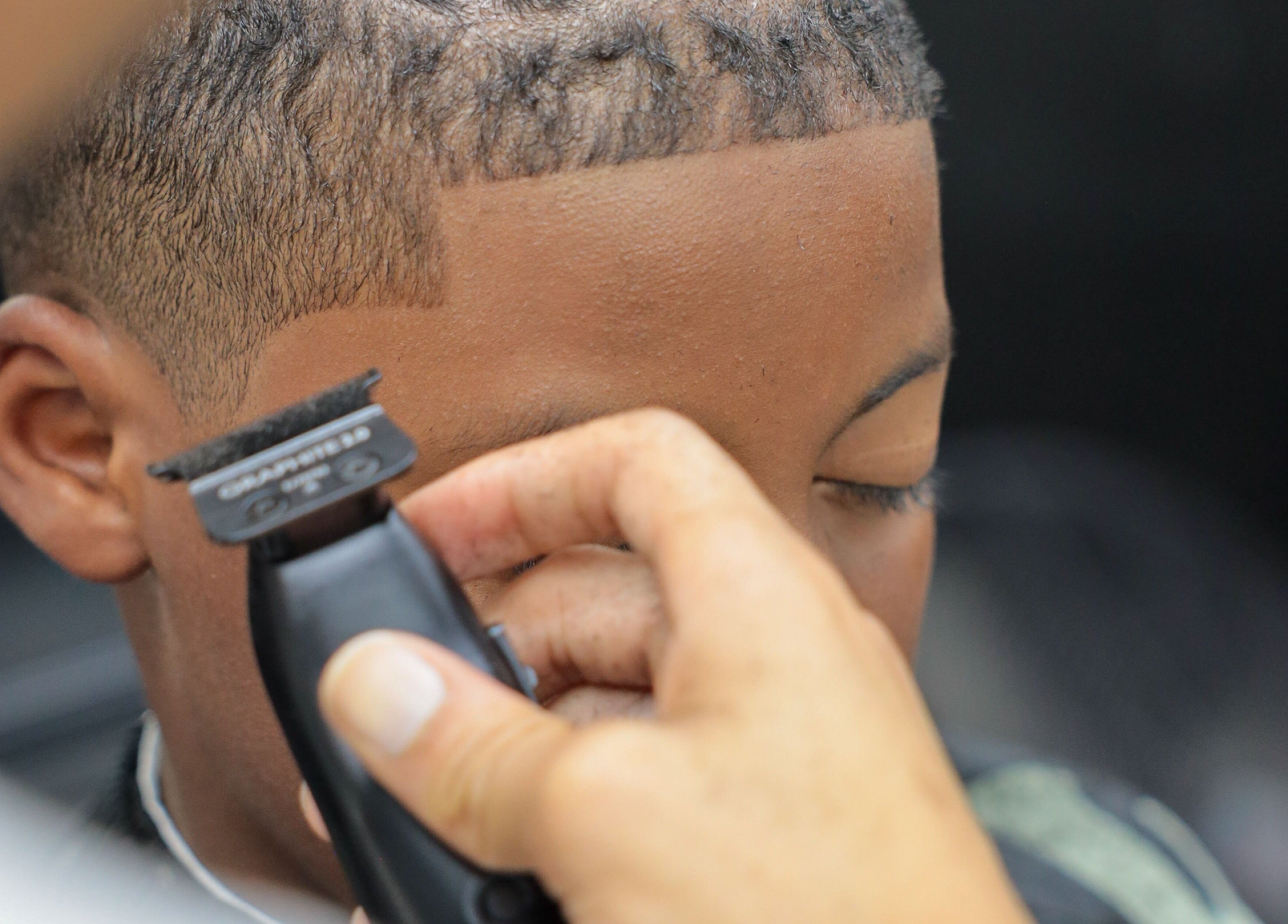 Close-up of a precise haircut at Image Unisex Barbershop and Salon, Sicklerville, New Jersey, US.
