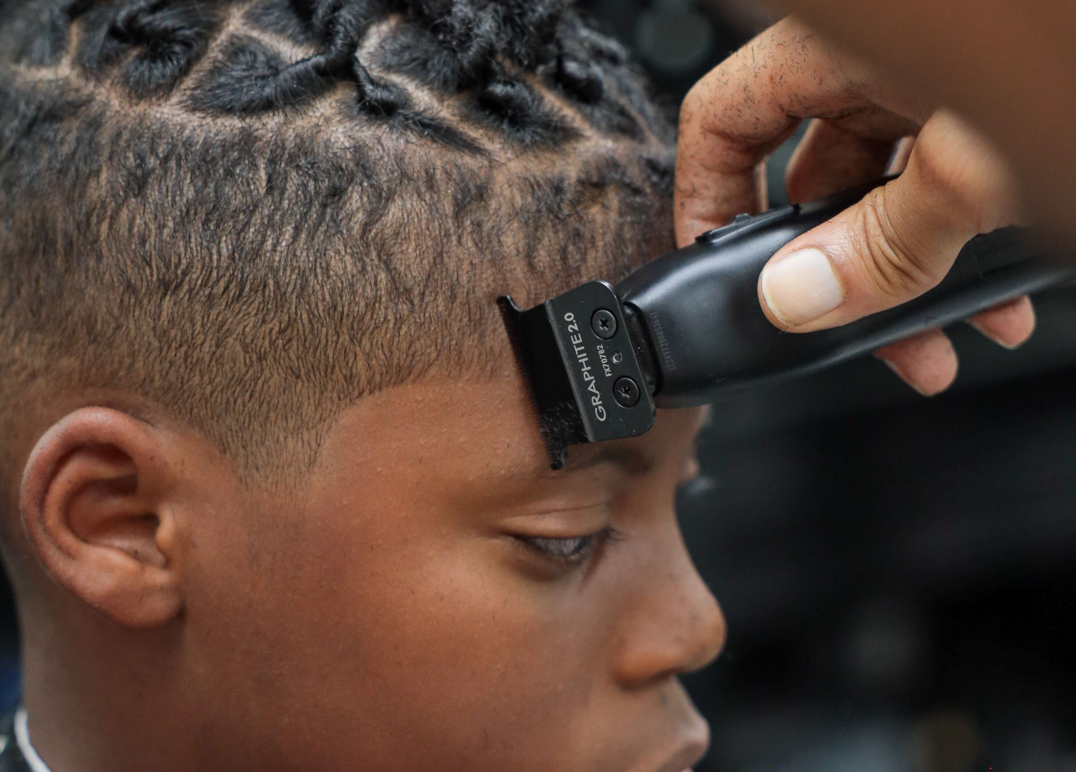 Close-up of a detailed haircut at Image Unisex Barbershop and Salon, Sicklerville, New Jersey, US.