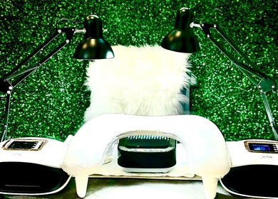 Luxurious manicure setup at Marquess Beauty Lounge, Manila, Metro Manila, PH with green backdrop.