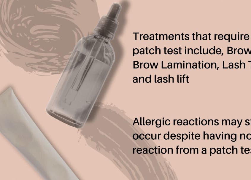 Patch test essentials at Pluck, Tint & Gel in North Wingfield, England, GB for brow and lash treatments.