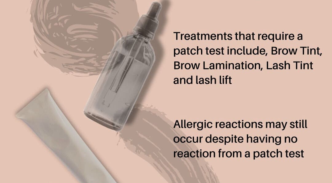 Patch test essentials at Pluck, Tint & Gel in North Wingfield, England, GB for brow and lash treatments.