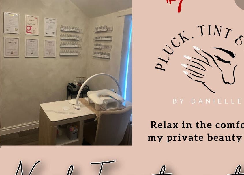 Cozy treatment room at Pluck, Tint & Gel in North Wingfield, England, GB with certifications on the wall.