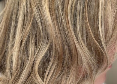Close-up of blonde waves at KL Creative Hair @ Salon 22, Enniskillen, Northern Ireland, GB.