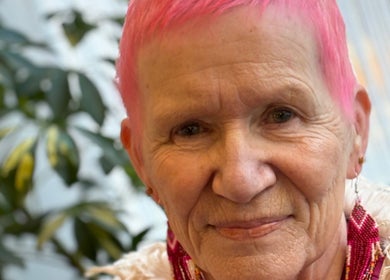 Senior lady with vibrant pink hair at KL Creative Hair @ Salon 22, Enniskillen, Northern Ireland, GB.