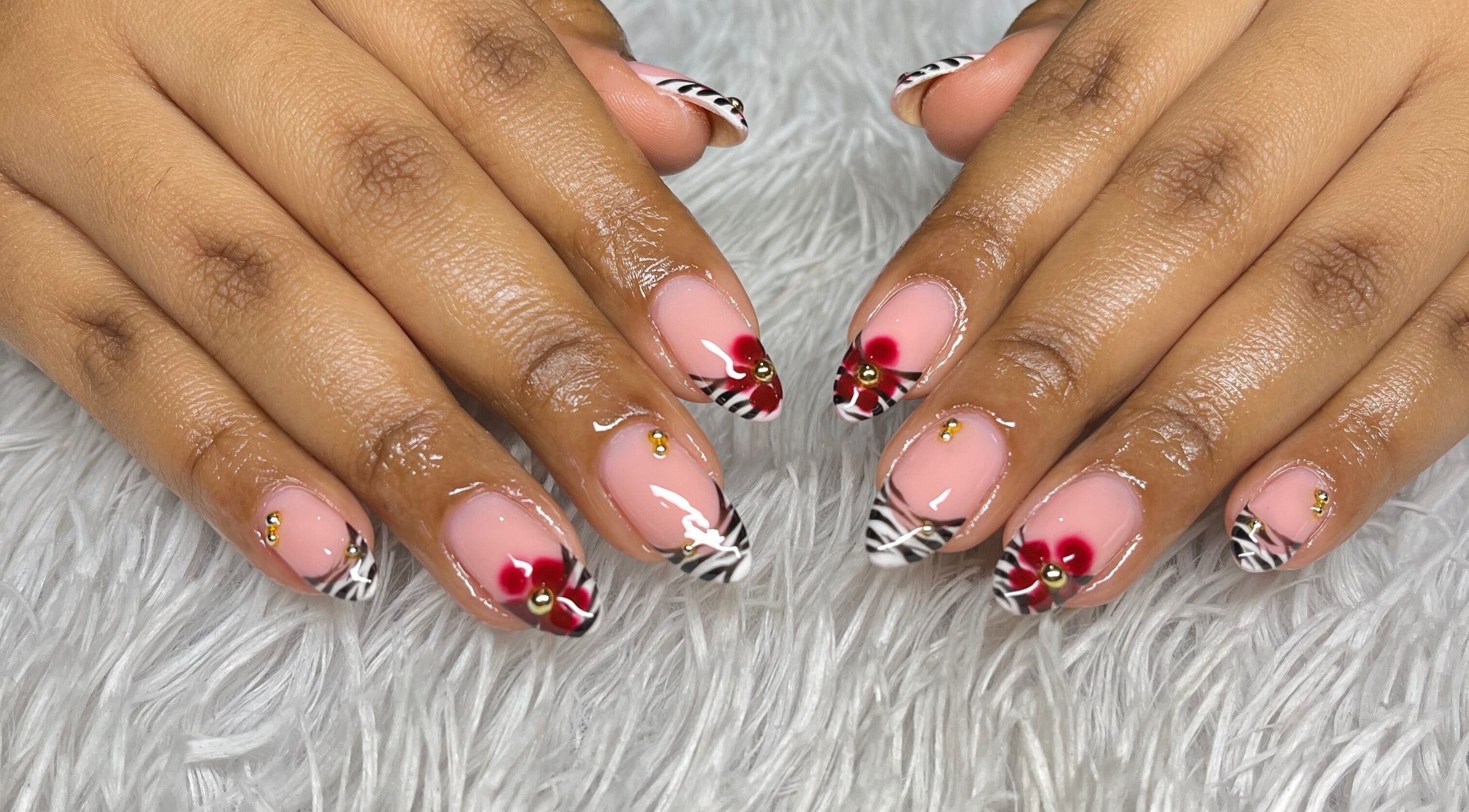Nail art with zebra stripes and floral design at your.gelplug, Cape Town, Western Cape, ZA.