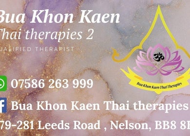 BuaKhonKaenThaiTherapies2 logo with contact info, Nelson, England, GB.