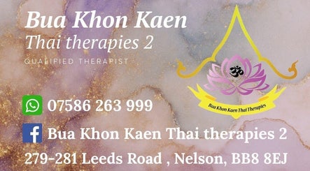 BuaKhonKaenThaiTherapies2 logo with contact info, Nelson, England, GB.