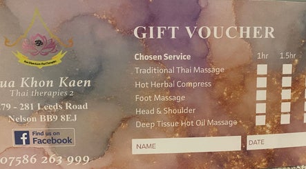 Gift voucher for BuaKhonKaenThaiTherapies2 in Nelson, England, offering various Thai massage services.