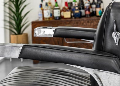 Close-up of vintage barber chair at Dapper Man London, West Wollongong, New South Wales, AU.