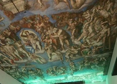 Artistic ceiling mural at Keir at Aldwick Hair, Bognor Regis, England, GB creates a unique ambiance.