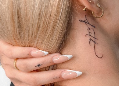 Elegant neck tattoo by Jay Soze Fineline Tattoo Artist, Peterborough, England, GB.
