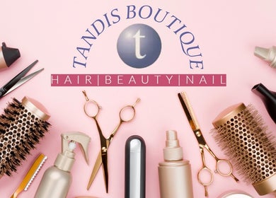 Beauty tools and products at Tandis Boutique, Birmingham, England, GB, showcasing hair and nail care essentials.