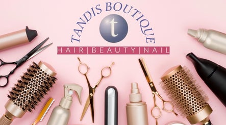 Beauty tools and products at Tandis Boutique, Birmingham, England, GB, showcasing hair and nail care essentials.