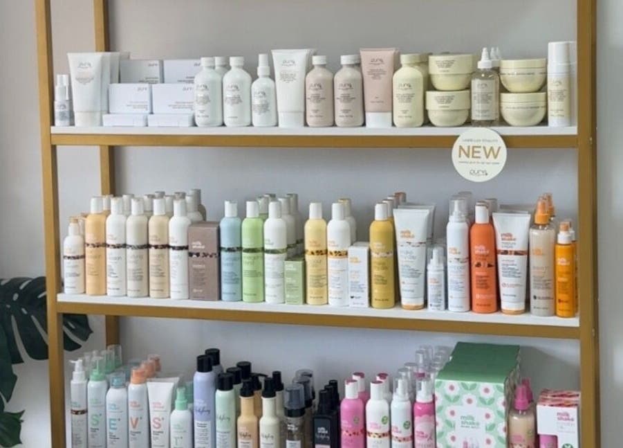 Hair care products displayed at Revelations In Hair Design, Wellington Point, Queensland, AU.