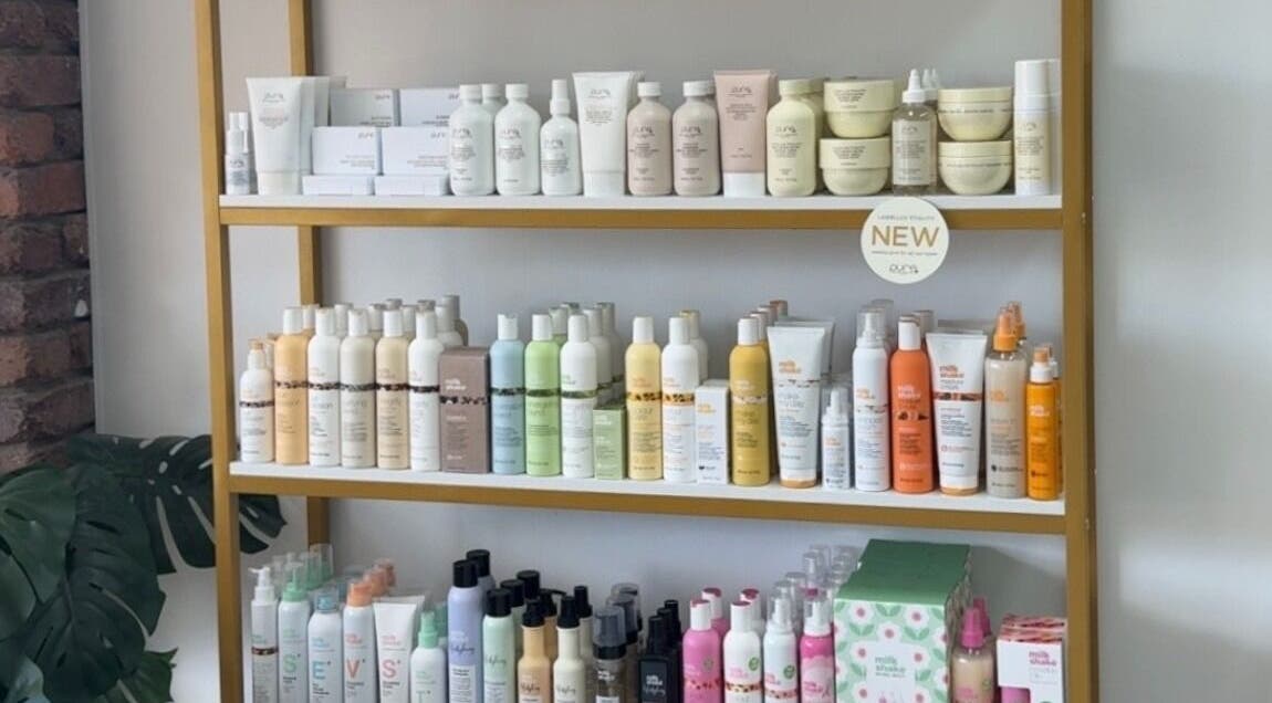 Hair care products displayed at Revelations In Hair Design, Wellington Point, Queensland, AU.