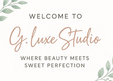 Welcome sign at G.luxeStudio, Christ Church, BB, showcasing elegance in beauty and wellness.