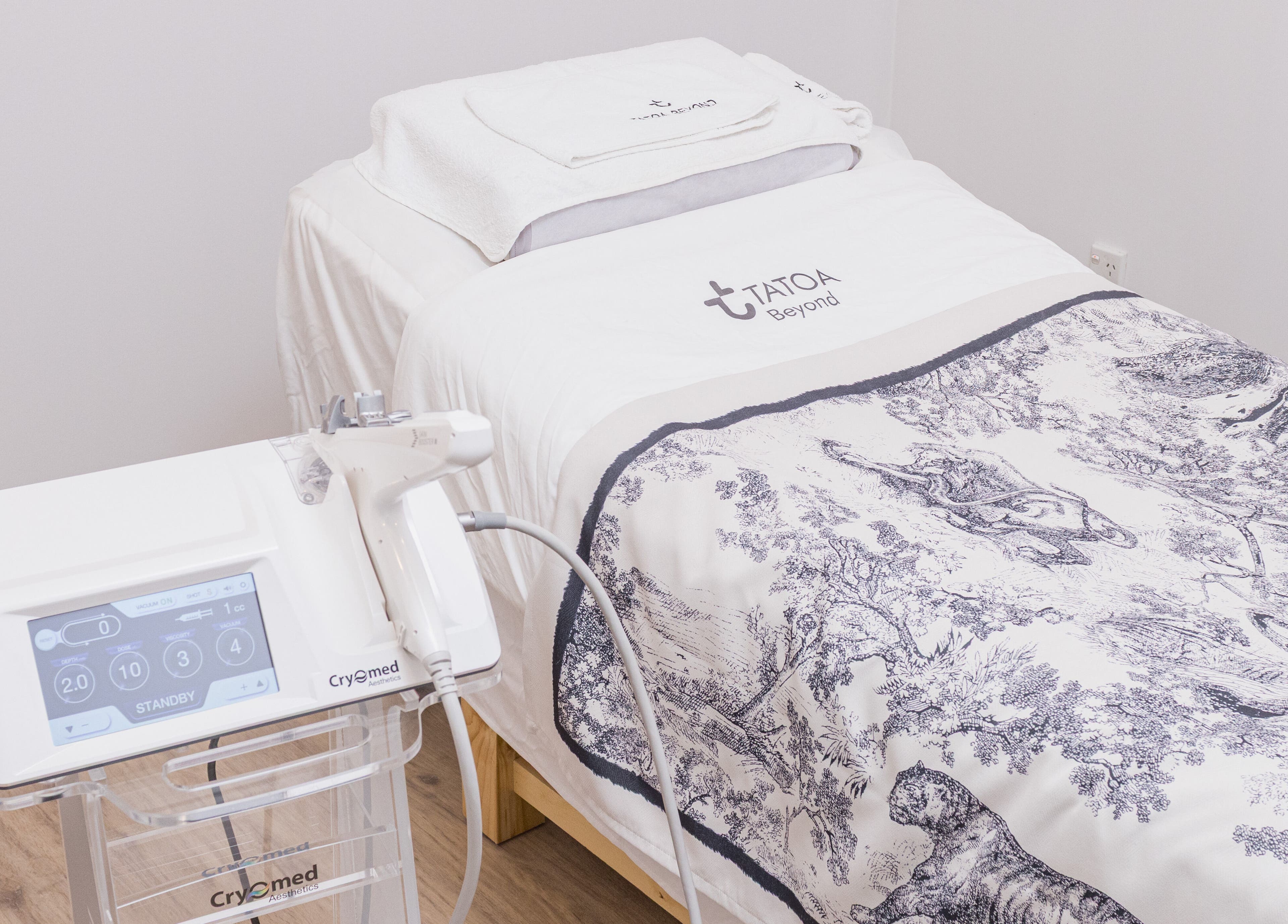 Cozy treatment room at Tatoa Beyond (Hamilton) in Hamilton, Waikato Region, NZ, featuring Cryomed aesthetics.