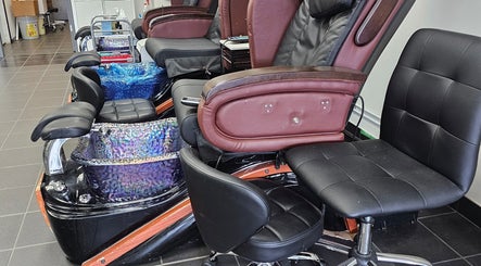 Elegant pedicure chairs at Iconic Nails Lounge, Vernon, British Columbia, CA, showcasing luxury and comfort.