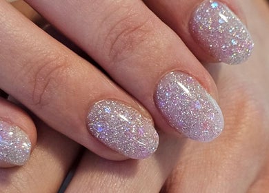 Glittery nail art at Iconic Nails Lounge, Vernon, British Columbia, CA.