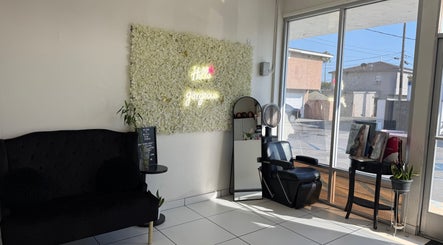 Modern seating area at Virginia’s Beauty Creations inside Belleza Glam Studio, South Gate, California, US.