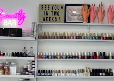 Nail polish display at Virginia’s Beauty Creations inside Belleza Glam Studio, South Gate, California, US.