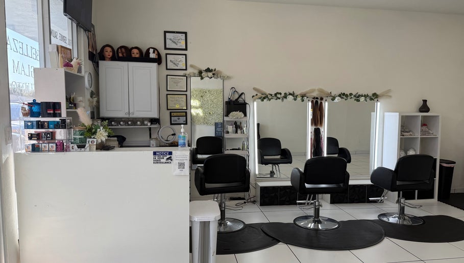 Belleza Glam Studio interior with modern styling chairs and mirrors in South Gate, California, US.