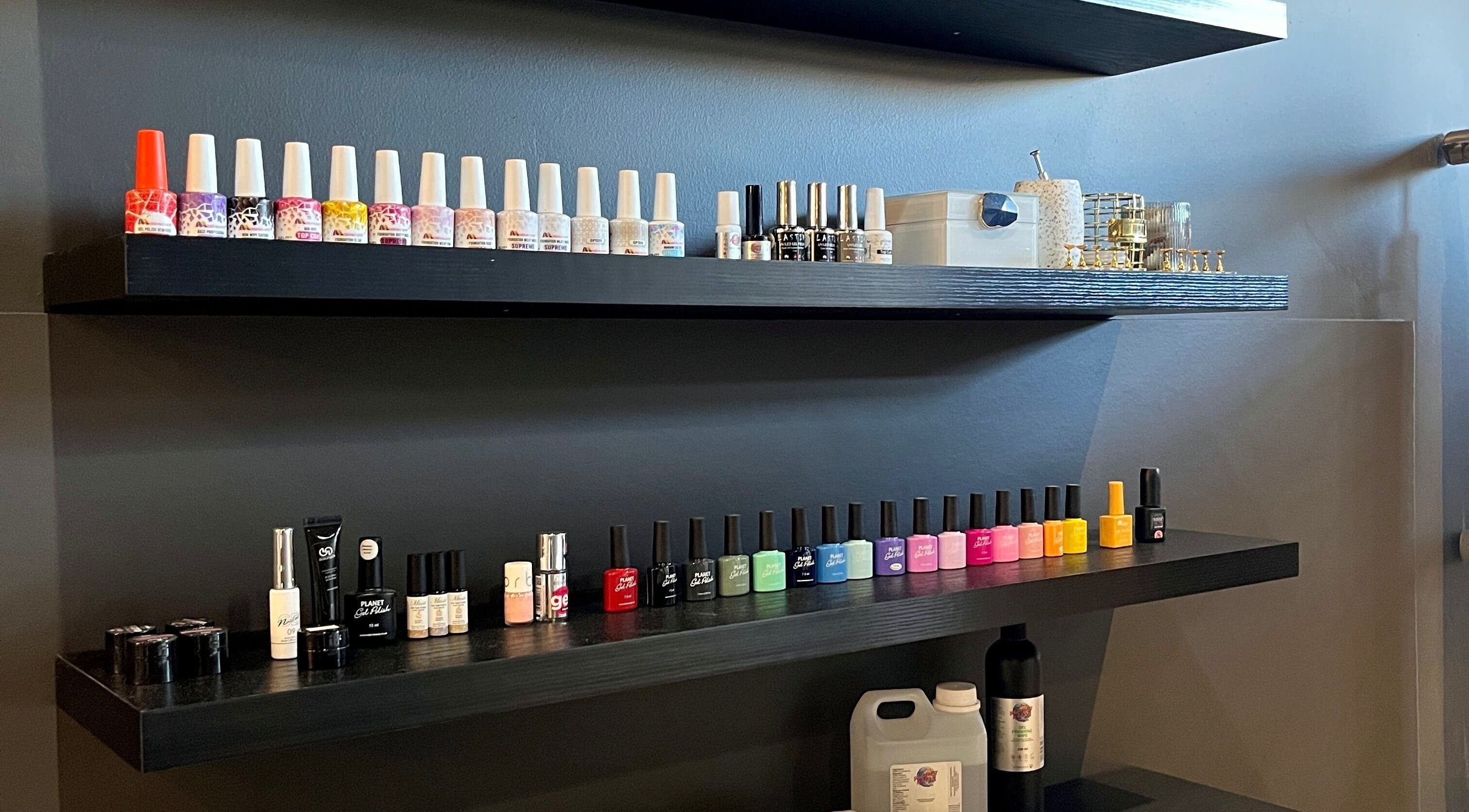 Vibrant nail polish display at Pop On Perfection Nails, Upington, Northern Cape, ZA.