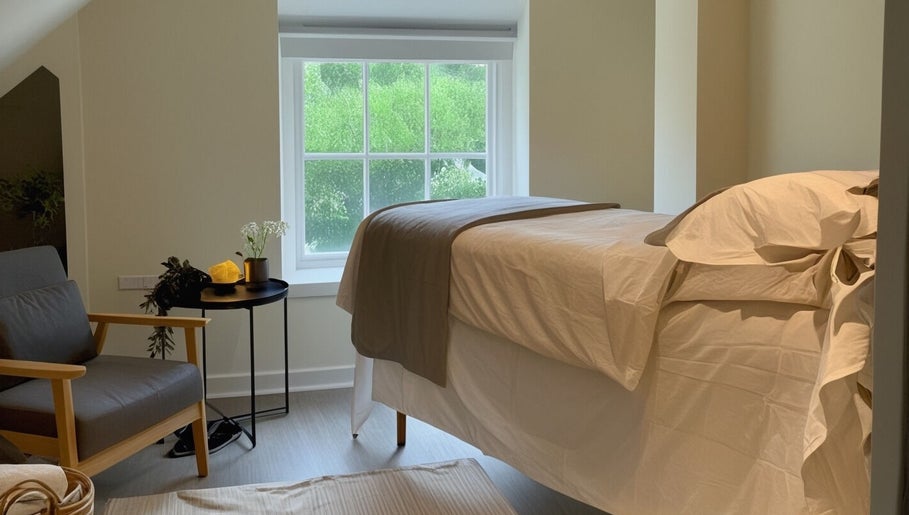 Relaxing massage room at Louisa Sales Malia Organics, Christchurch, Hampshire Dorset, GB.