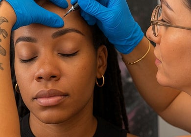Microblading procedure at LuxeLine Aesthetics, Woodford Green, England, GB enhancing natural brows.