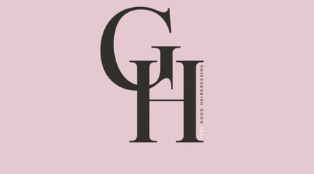 GH Hairdressing logo on pink background, Heswall, England, GB.