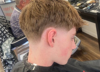 Close-up of a fresh haircut at Tobias The Barber, Bognor Regis, England, GB.