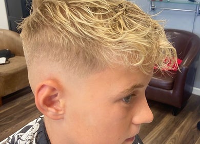 Stylish blonde haircut at Tobias The Barber, Bognor Regis, England, GB.