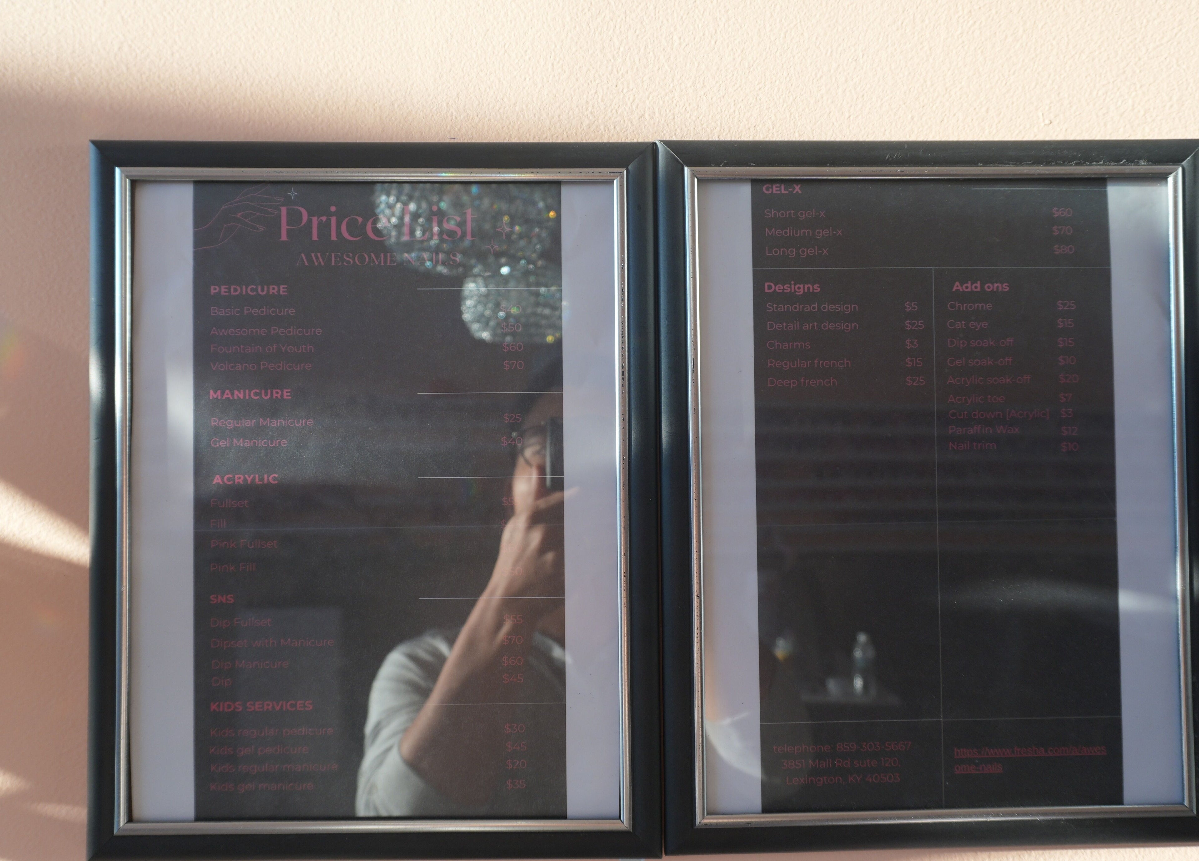 Price list at Awesome Nails, Lexington, Kentucky, US, showcasing manicure and pedicure services.