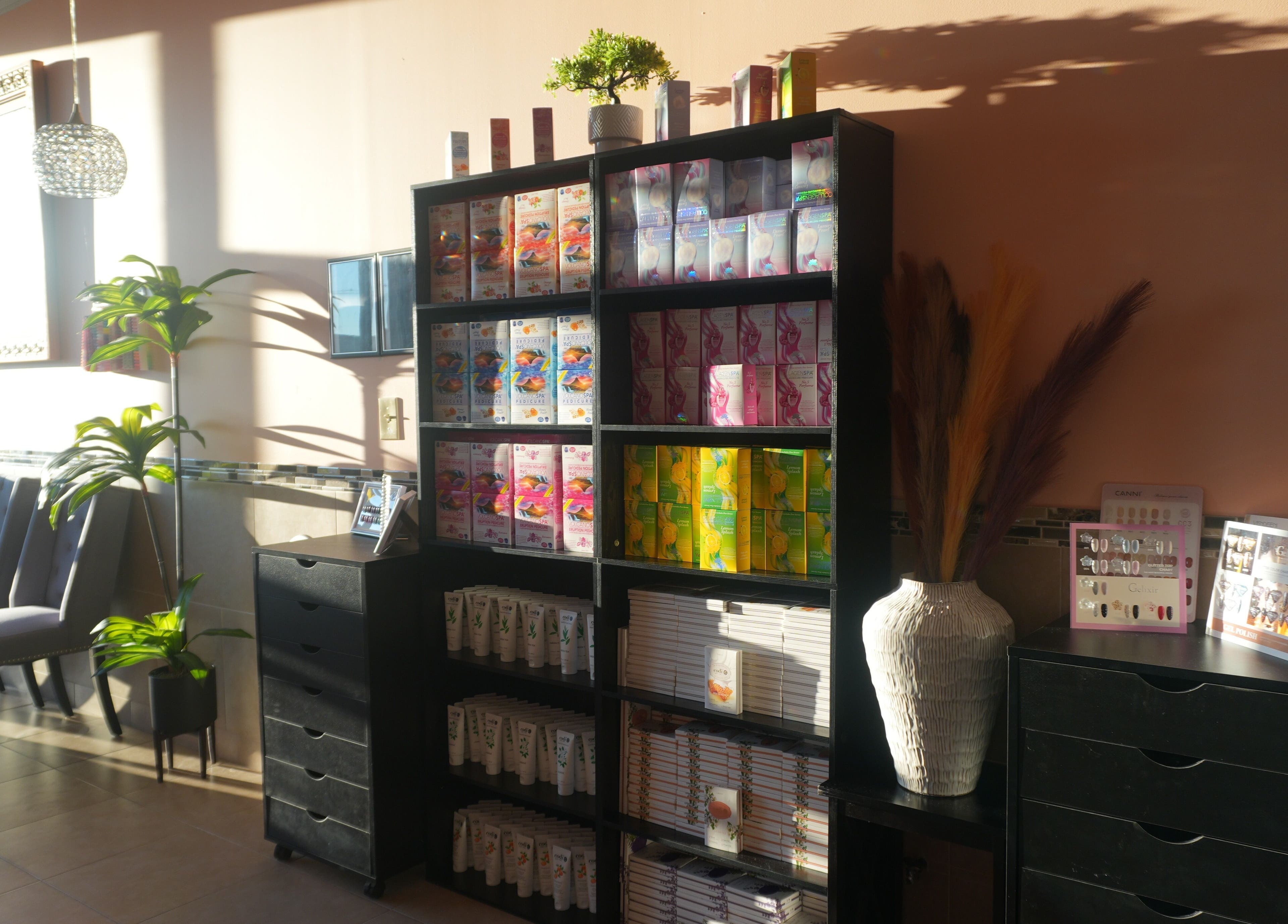 Stylish product display at Awesome Nails, Lexington, Kentucky, US, featuring beauty items and decor.