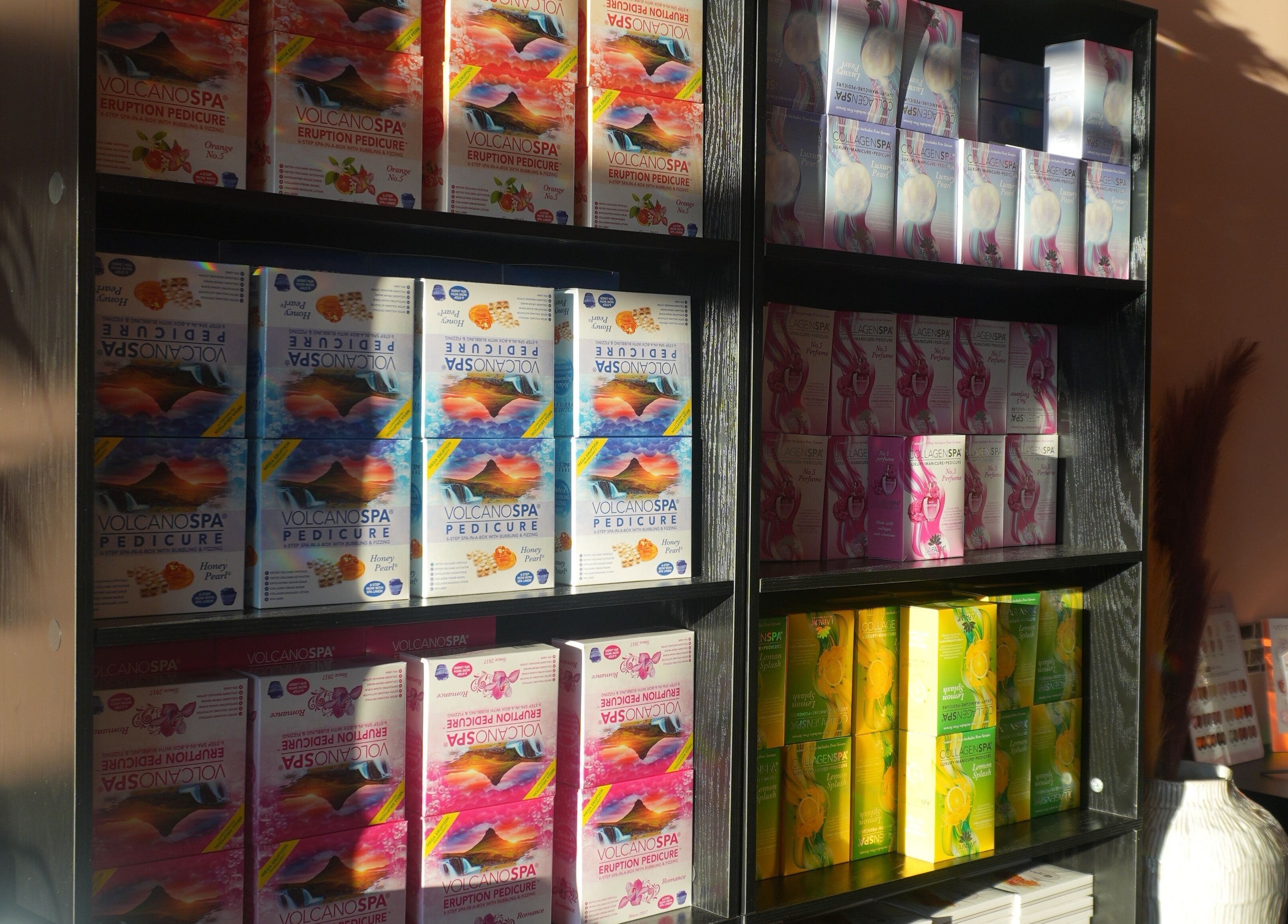 Variety of pedicure products beautifully displayed at Awesome Nails, Lexington, Kentucky, US.